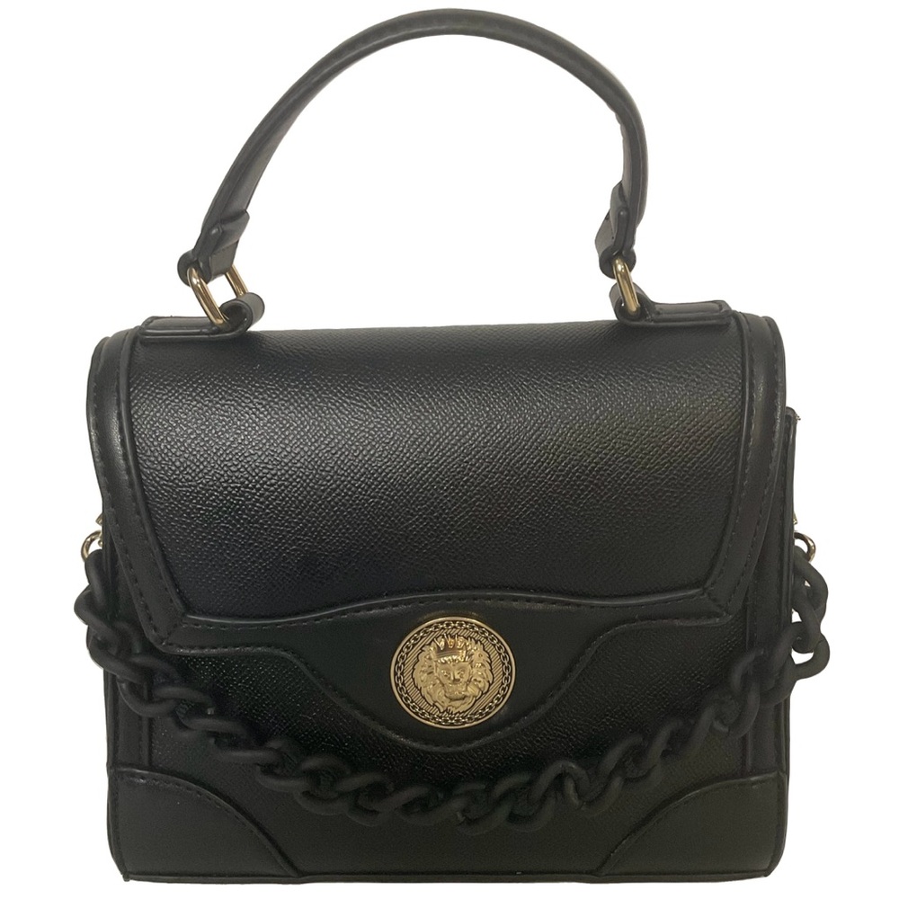 Aldo Black Satchel Handbag; Top-Handle & Detachable Black Strap; Gold Medallion